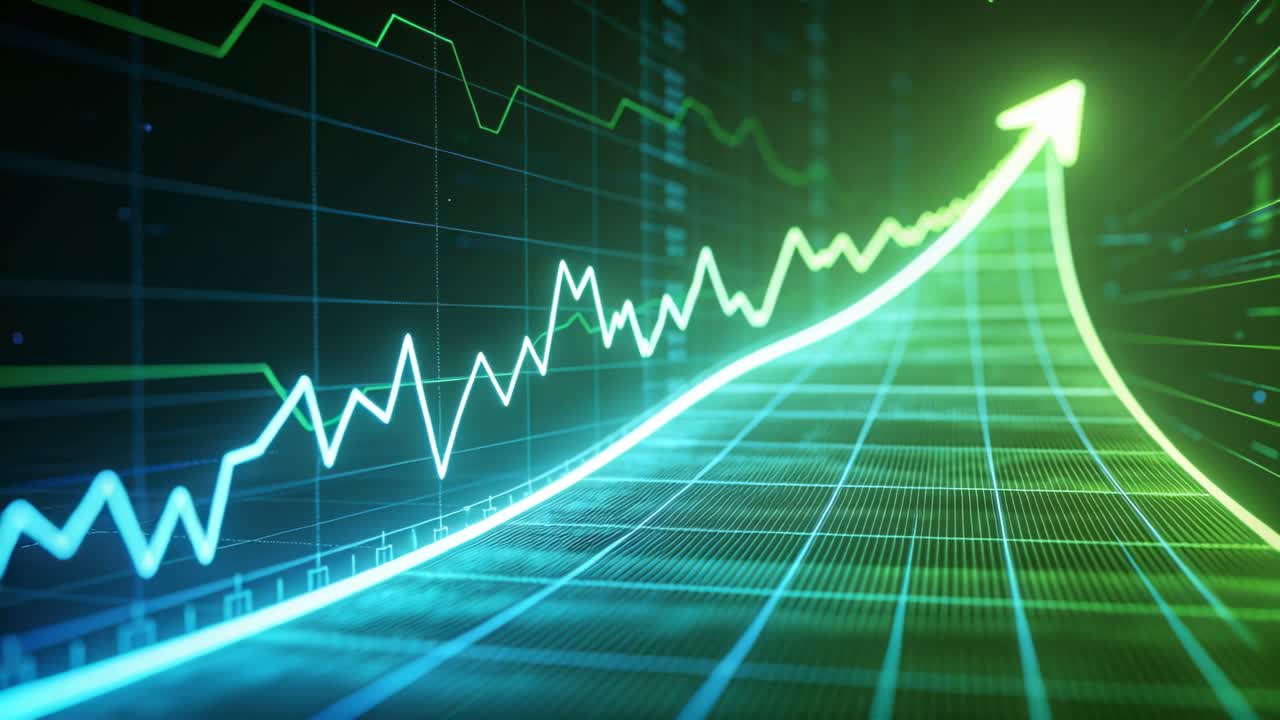 Telecamera che avanza, percorso luminoso che sale verso una freccia su una griglia, mostrando una tendenza, linea frastagliata al neon.