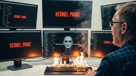 a frantic encounter with technology: an individual faces a kernel panic amidst a fiery digital catastrophe highlighted by multiple monitors displaying errors