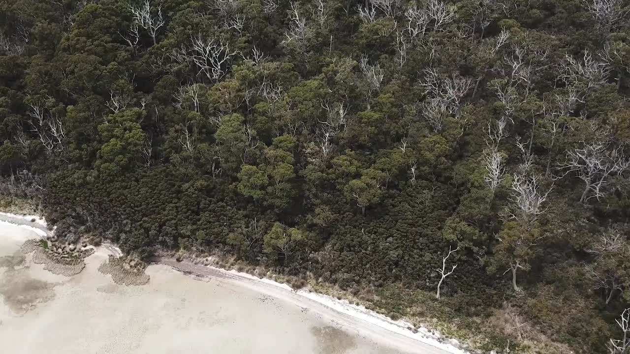 Drone footage over green island with clear ocean water
