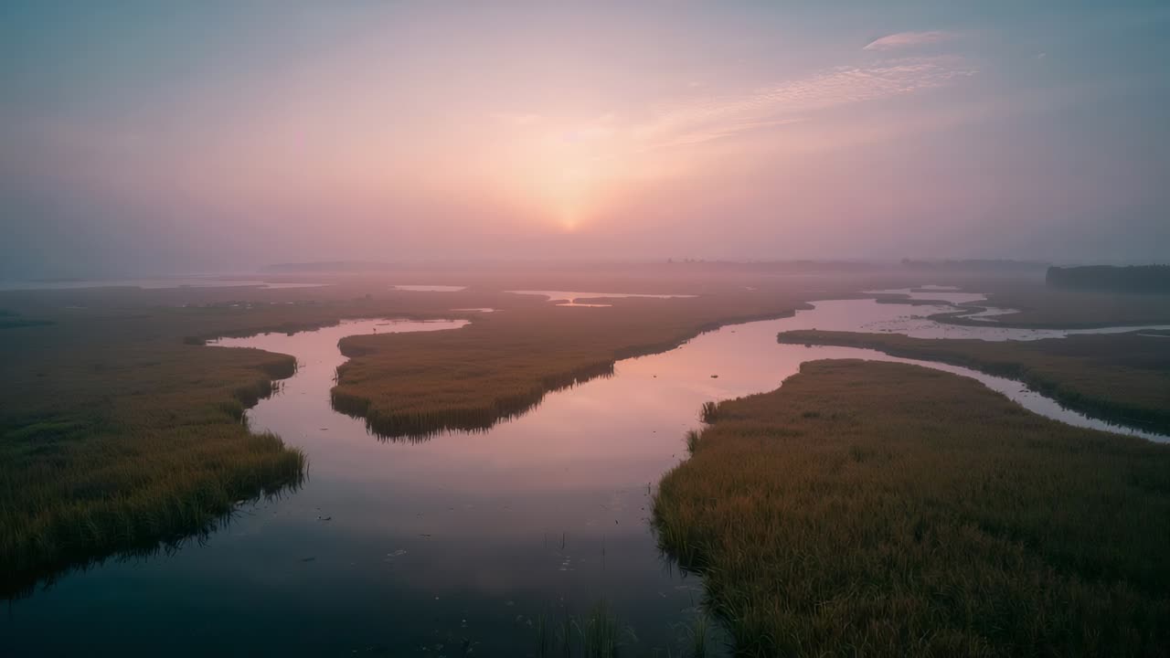 Drone che scivola catturando il canale paludoso tortuoso all'alba, sole che sorge iniziando la planata in avanti