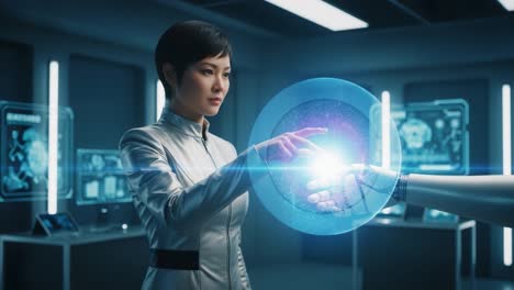 a pioneering encounter between human and robot: exploring the fascinating interaction of technology and humanity in a futuristic laboratory setting