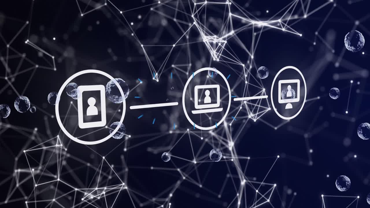 Animation of networks of icons and data processing over blue background