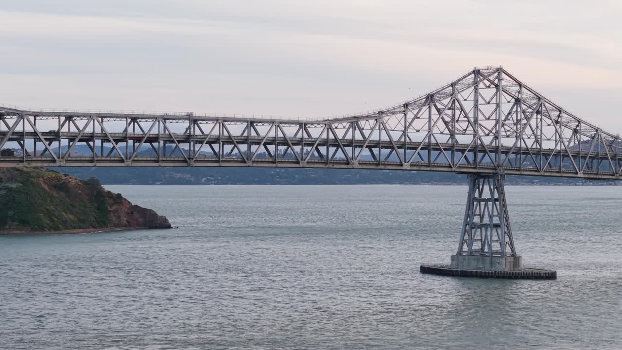 A close-up aerial view of the Richmond San Rafael Bridge in Richmond California. Filmed in real time in 4K.
