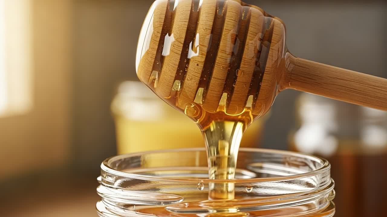 Irresistibly Sweet: A Close-Up Look at Golden Honey Dripping from a Wooden Dipper, Capturing the Essence of Nature's Finest Sweetener