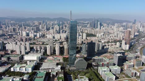 shenzhen financial district skyscraper surrounding by urban buildings, aerial view