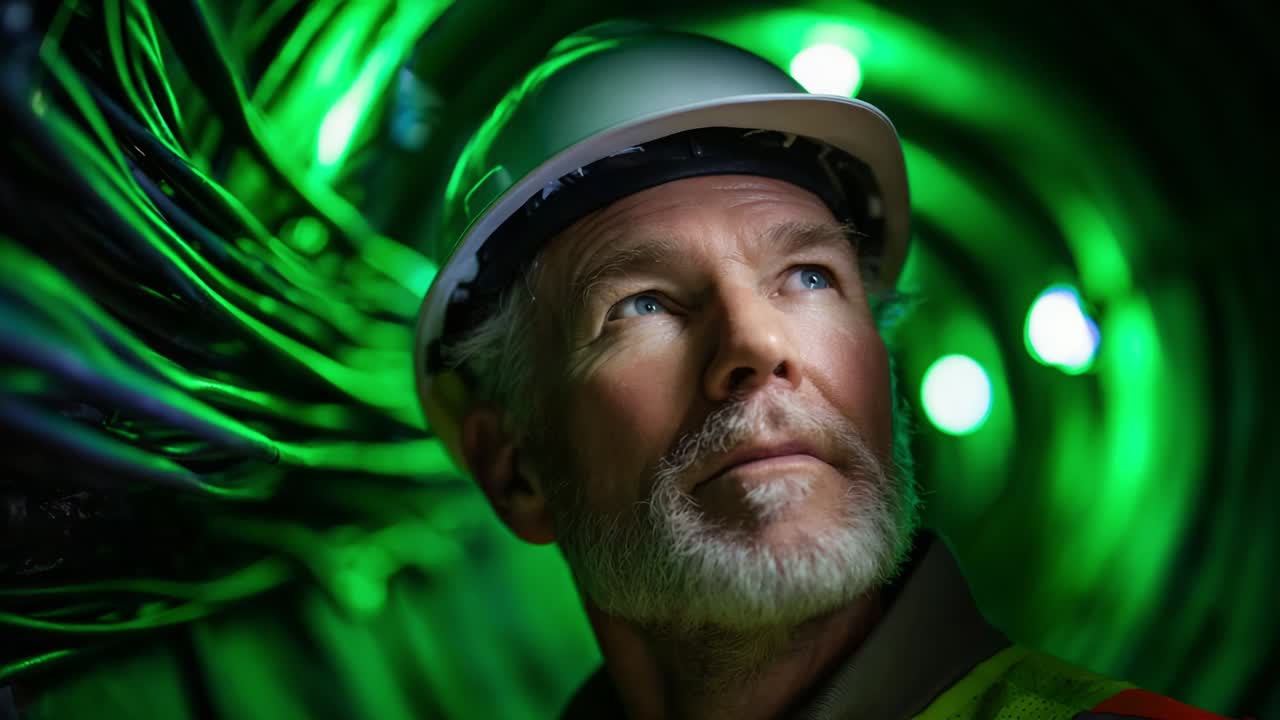 A focused professional stands in a vibrant green-lit tunnel filled with electrical cables, showcasing expertise and contemplation in an industrial environment. The atmosphere highlights the critical role of safety in modern engineering