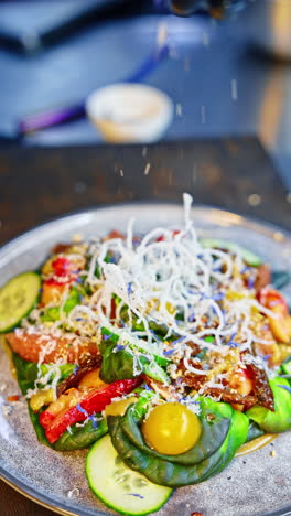 beautiful vegetable salad is sprinkled with some cheese. cooking healthy food recipes. close up. vertical video.