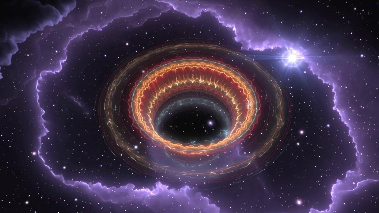 Stella destra che si illumina, un toro che pulsa attorno a un vuoto oscuro, il bordo di una nebulosa viola che brilla, un bagliore bluastro.