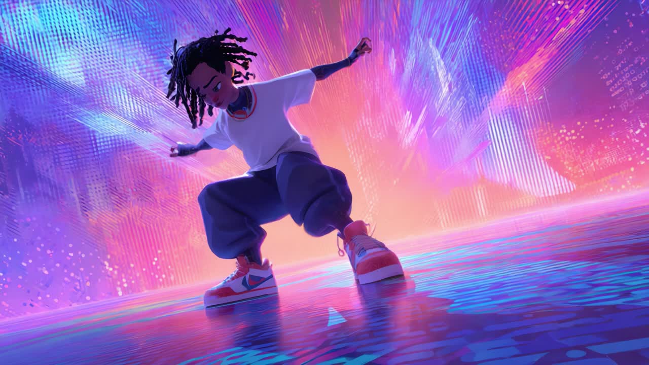 A captivating animated figure in a dynamic pose, surrounded by vibrant neon colors and an energetic digital backdrop, expresses the essence of movement and creativity in a visually stunning abstract world