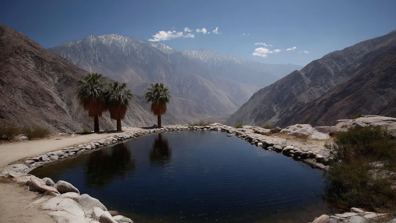 A Serene Mountain Oasis: Capturing the Tranquil Beauty of Palm Trees and Reflective Waters Against Majestic Peaks in a Breathtaking Landscape
