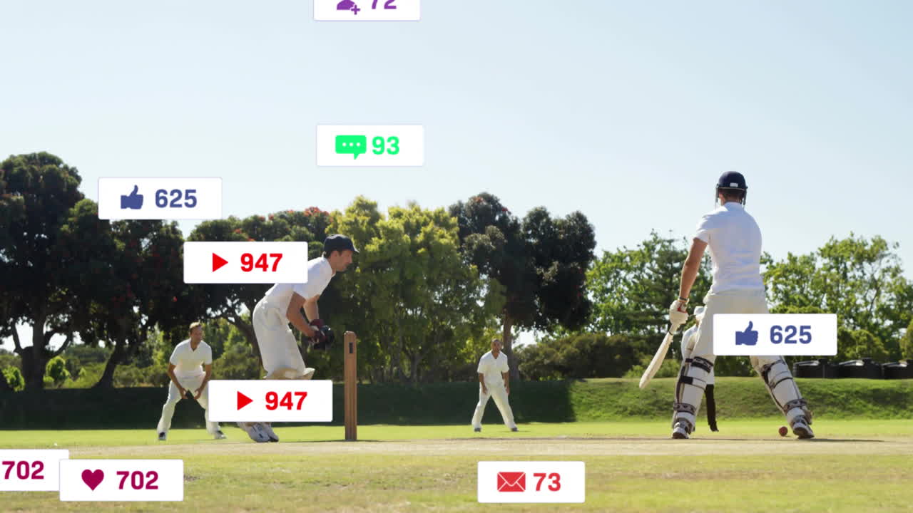 Cricket players on field with social media notifications overlay animation
