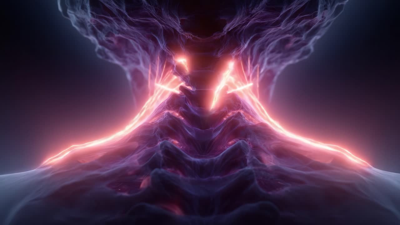 Vie neuronali illuminate: un'esplorazione dettagliata delle intricate connessioni e del flusso energetico all'interno della rappresentazione della colonna vertebrale umana.
