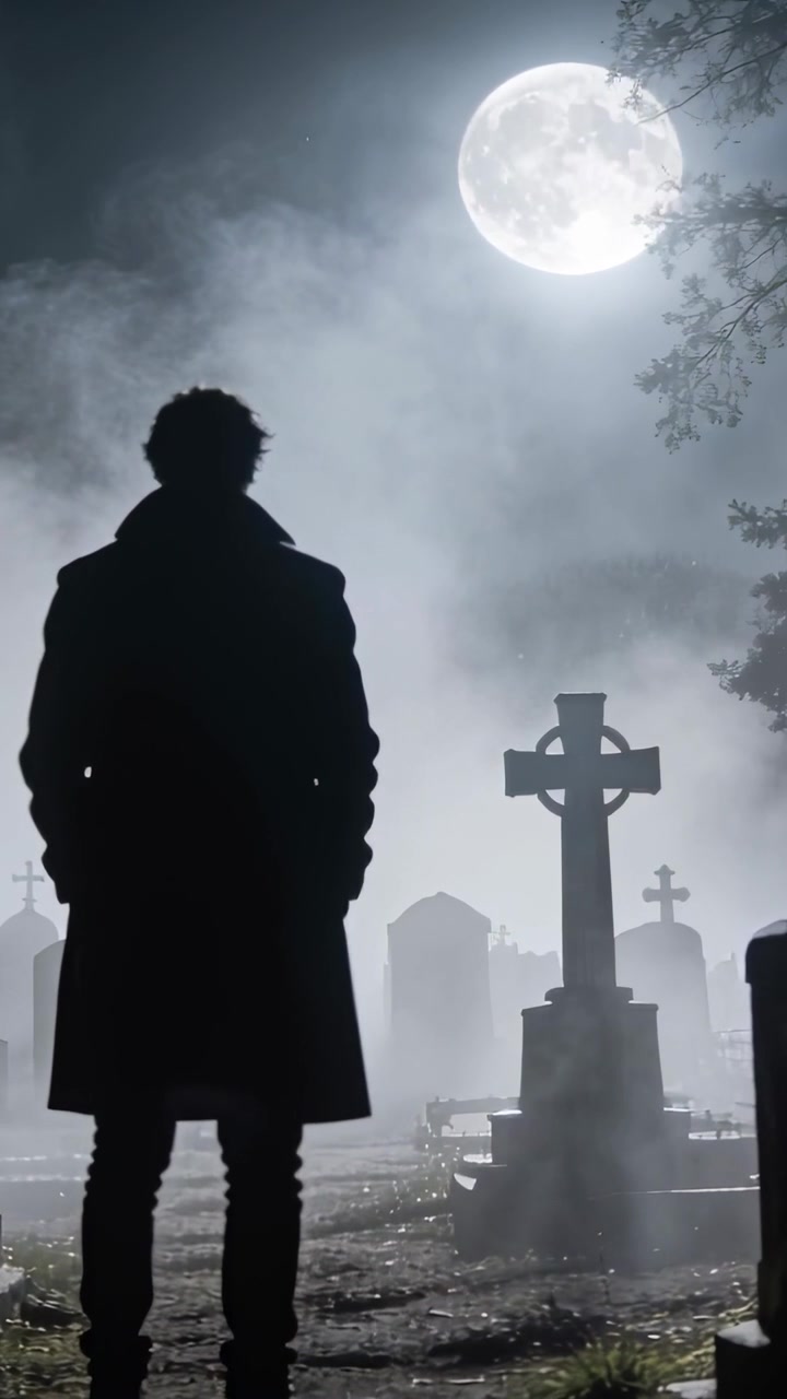 Video verticale: Uomo in piedi con cappotto e stivali di fronte a una croce celtica tra le tombe, brezza che solleva la nebbia, luna