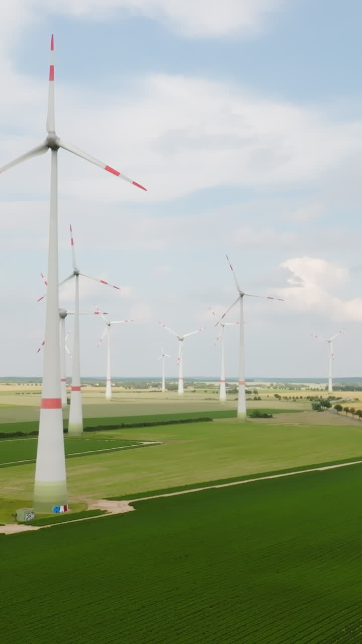 Vertical drone shot of a wind farm and traffic on a countryside road, summer day
