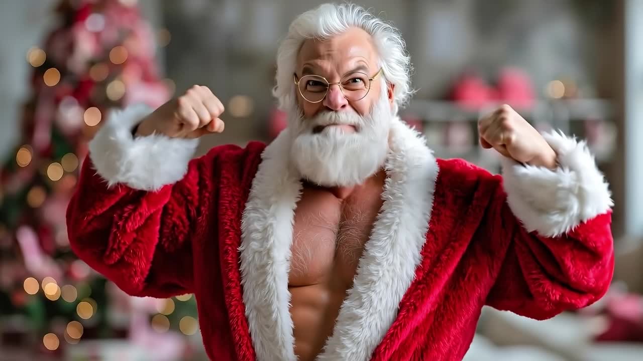 A man dressed as Santa Claus with his arms in the air