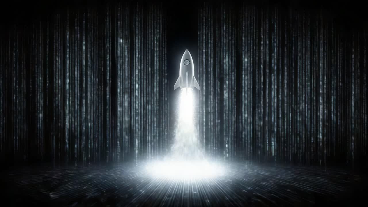 Futuristic rocket launching with bright exhaust flames and smoke, flying through a digital data stream background representing technological advancement, innovation, and a journey into cyberspace