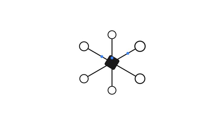Diagramma di Rete Animato con Hub Centrale Rotante e Nodi di Connessione