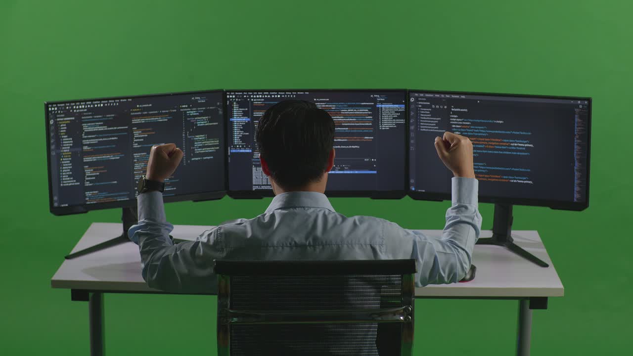 Back View Of Happy Asian Man Developer Celebrating And Dancing While Write Code With Multiple Computer Screens In Green Screen Studio