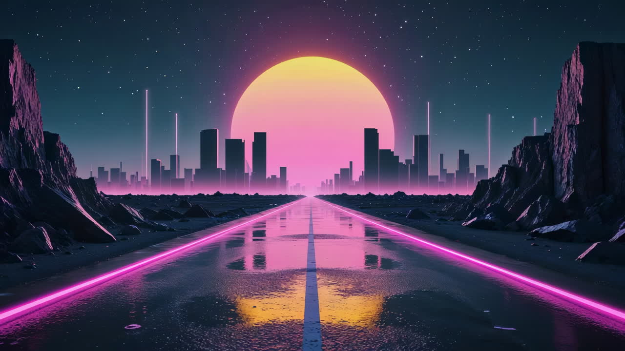 Retrowave Cityscape with Neon Road and Sunset