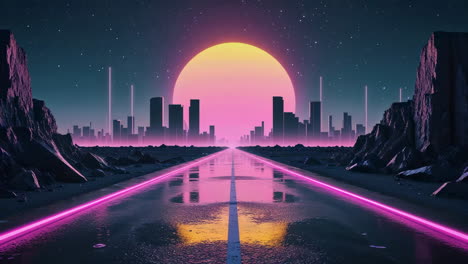 retrowave cityscape with neon road and sunset