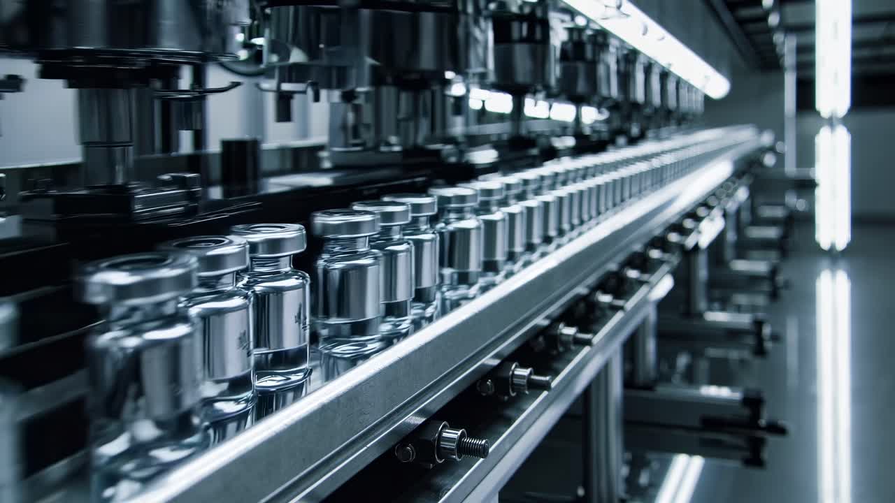 A dynamic video captures a low-angle view of a modern assembly line with glass vials