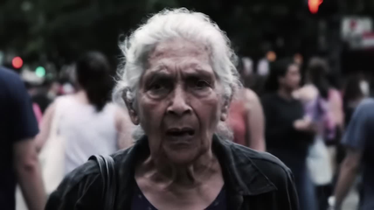 An elderly woman navigates through a busy crowd, embodying a mix of resilience and vulnerability amidst the hectic urban landscape, highlighting the struggles of aging.