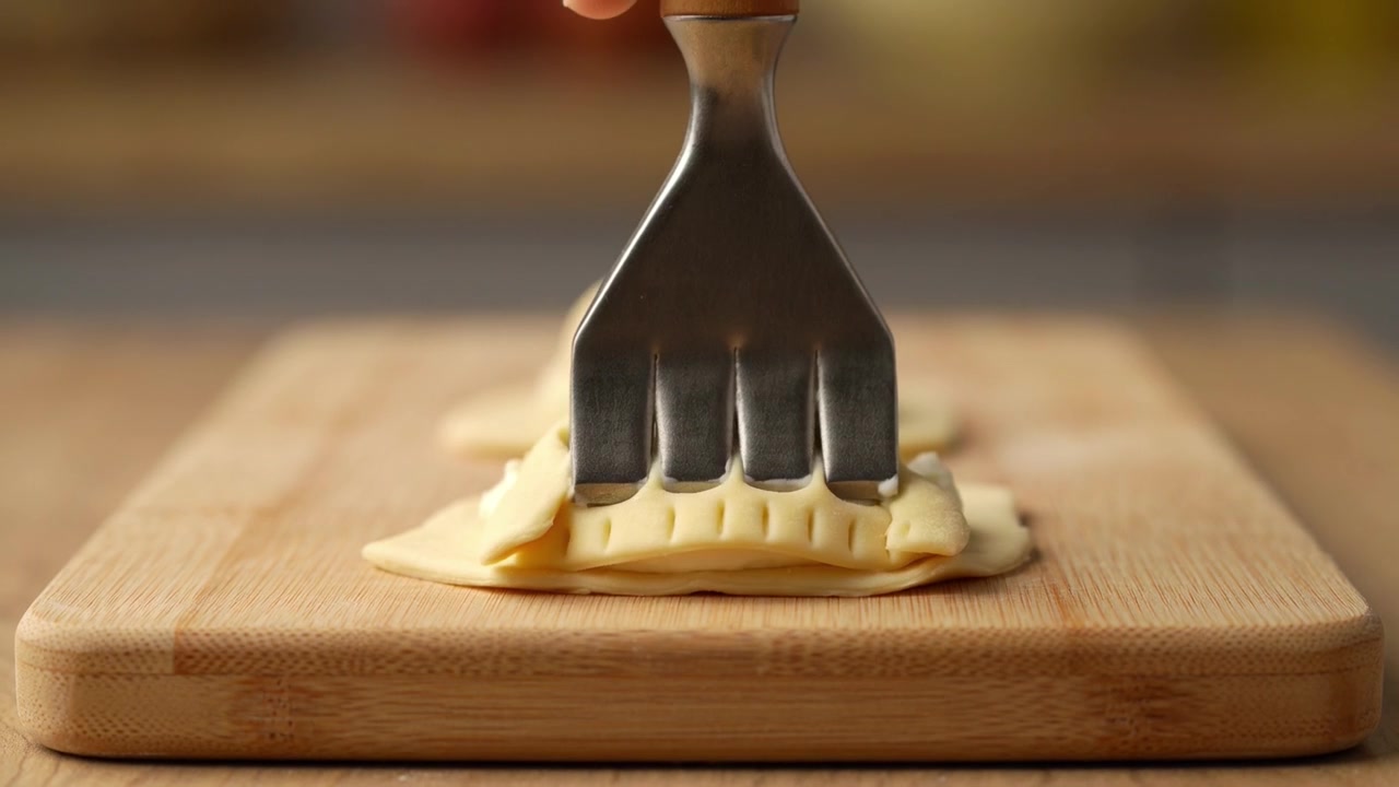 Chef che usa una forchetta per sigillare i bordi dei ravioli fatti in casa