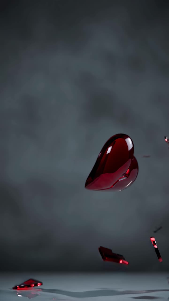 A dramatic close-up video of a glossy red heart shattering mid-air against a dark background