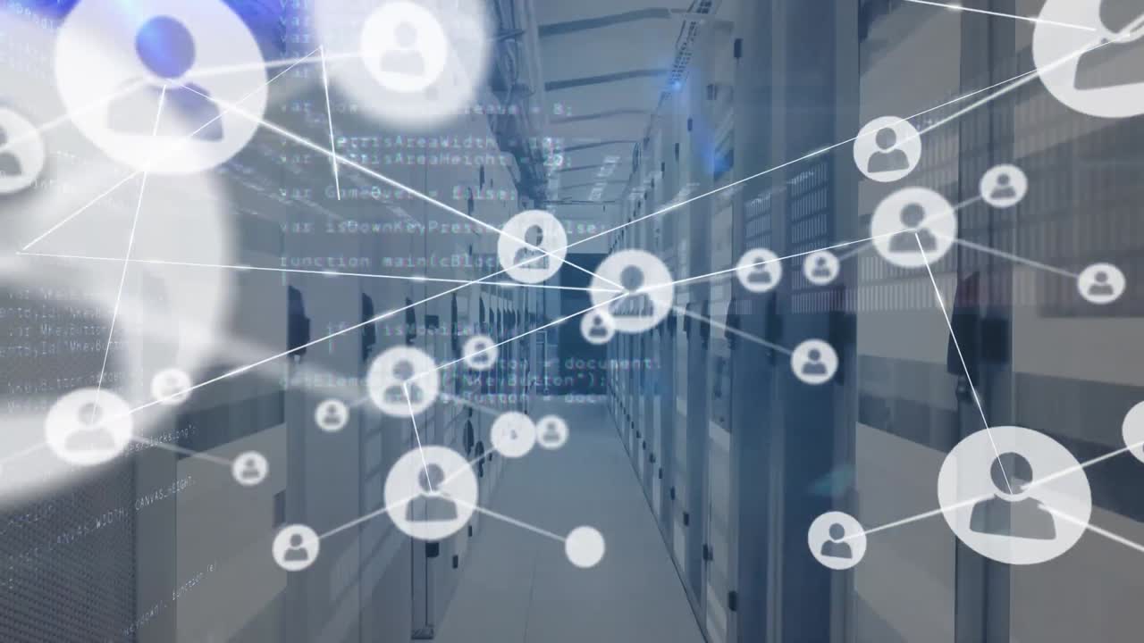 Animation of network of connections and data processing over server room