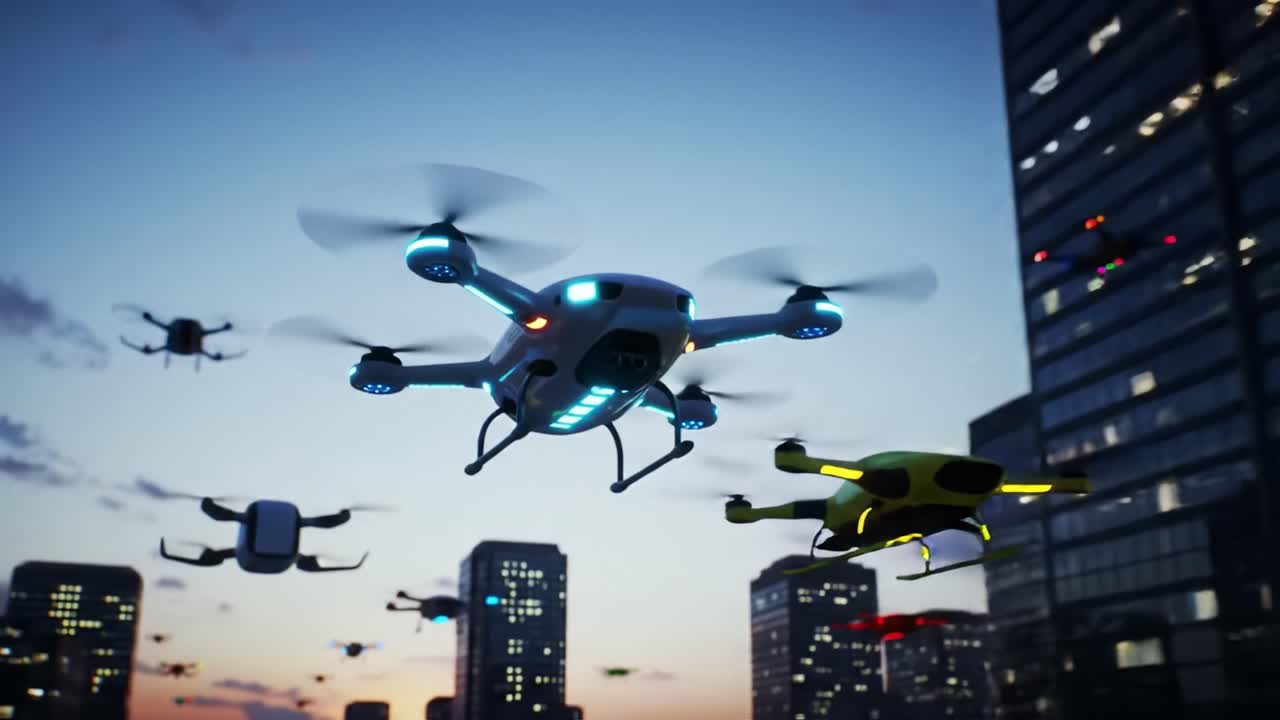 A fleet of drones navigates the skyline of a bustling city during dusk. The glowing lights highlight the technology as they soar between towering buildings.