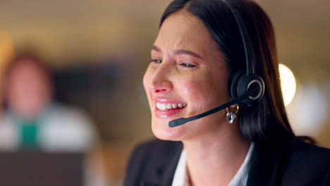 Happy-woman,-call-center-and-consulting-at-night
