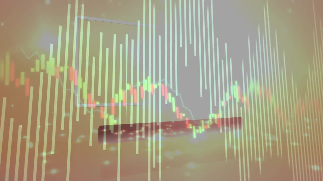 On start candlestick wave and tall bars pulsing, shifting, highlight framing center to focus data