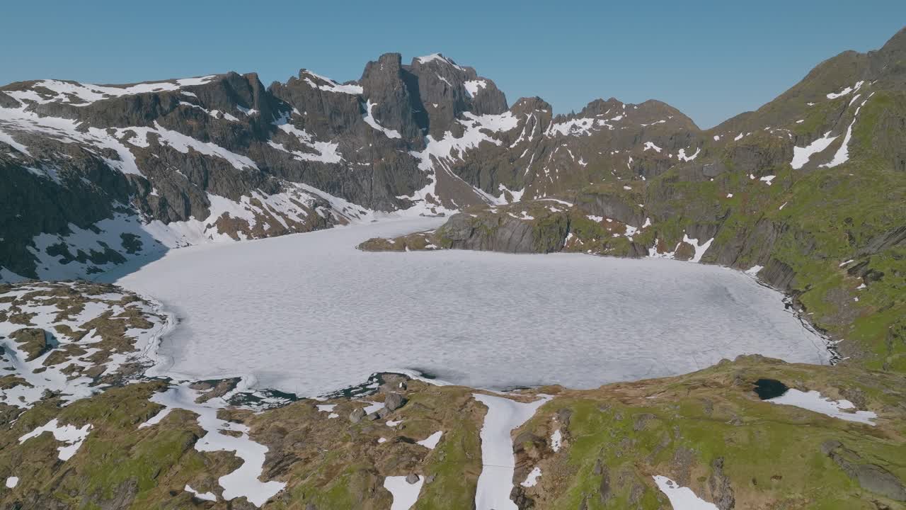 Un lago alpino ghiacciato circondato da aspre montagne di granito e cime innevate sotto un cielo azzurro e limpido nelle Lofoten, Norvegia, che cattura un paesaggio artico incontaminato
