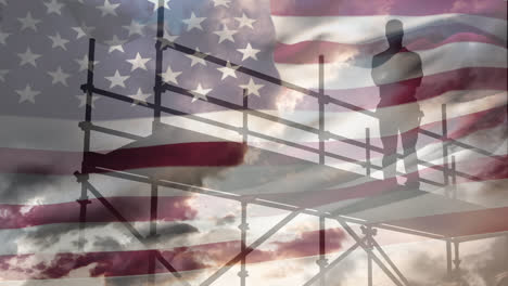 animation of worker in construction site and scaffolding with american flag