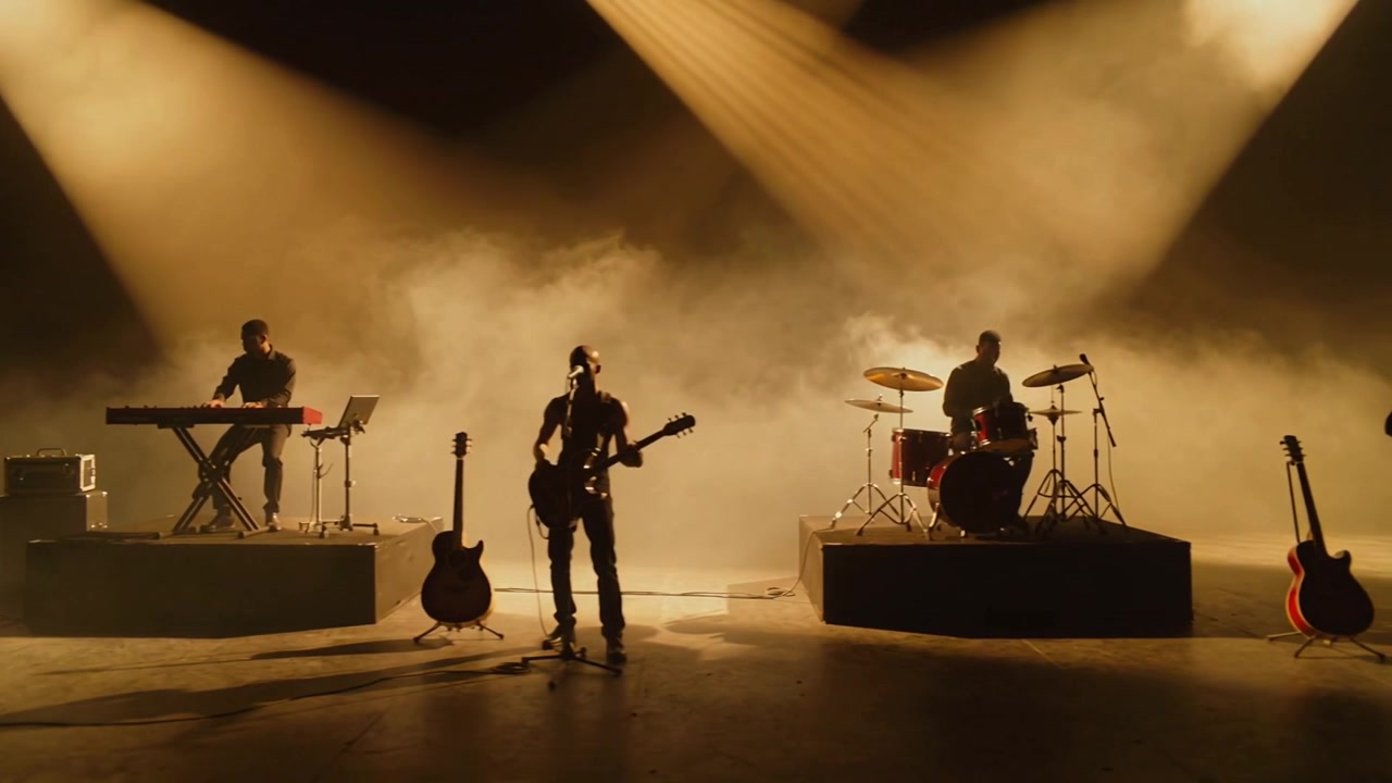 Groupe de quatre musiciens jouant sur une scène sombre, avec un éclairage déclenchant des projecteurs ambrés et du brouillard, et des guitares.