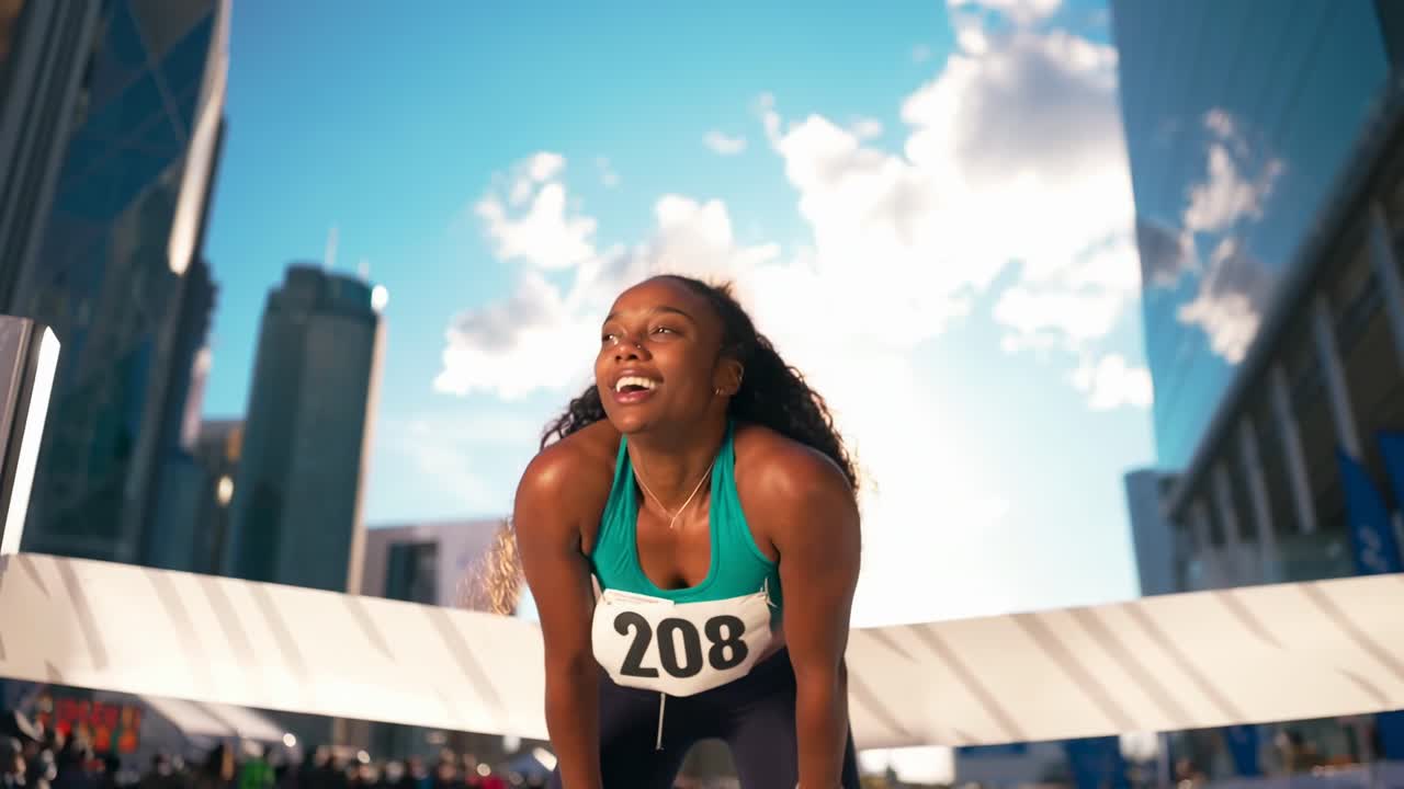 Low-angle video shot of a joyful runner resting at the finish line, urban skyline backdrop