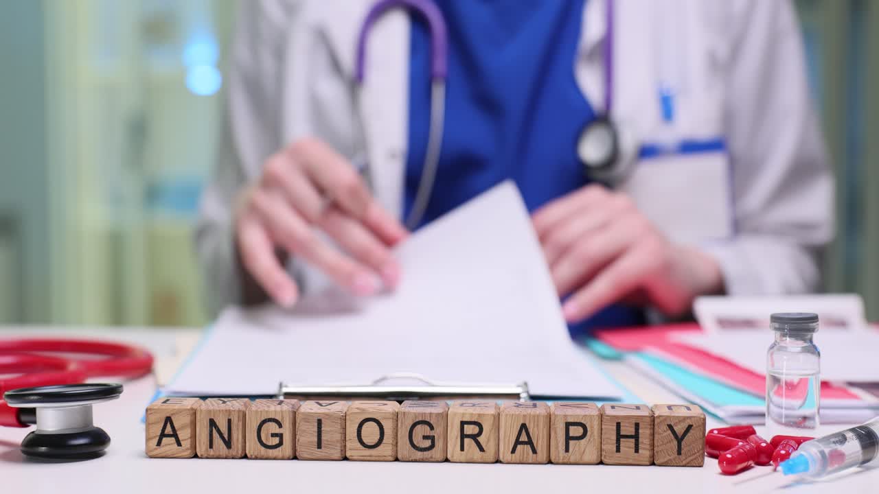 Doctor at desk with 'ANGIOGRAPHY' blocks, reviewing medical documents