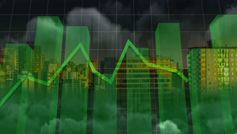 Animation-of-green-line,-statistics,-financial-data-processing-over-cityscape