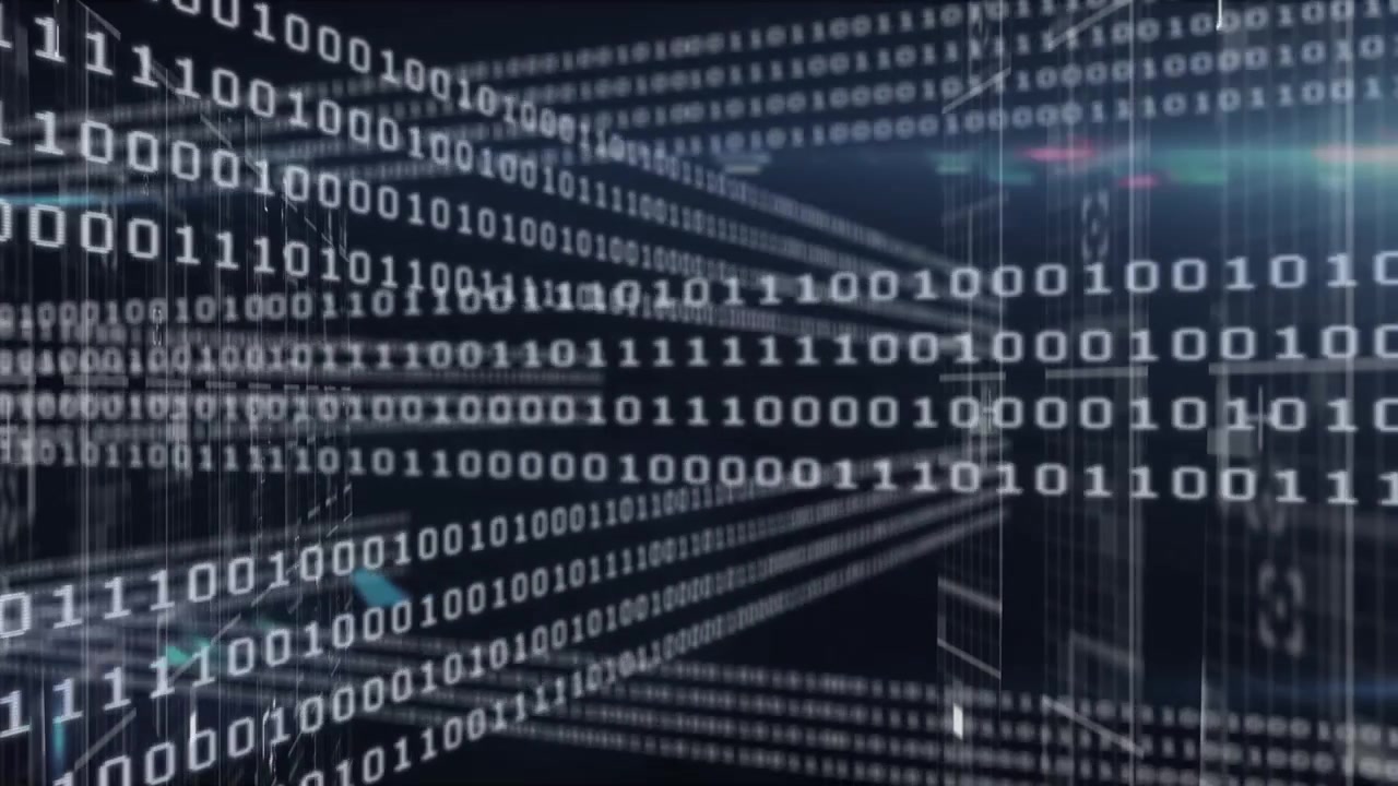 Animation of binary code and lights on black background