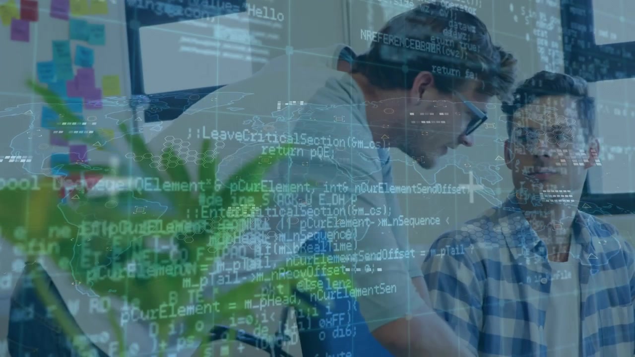 Animation of data processing over world map against two caucasian men discussing at office