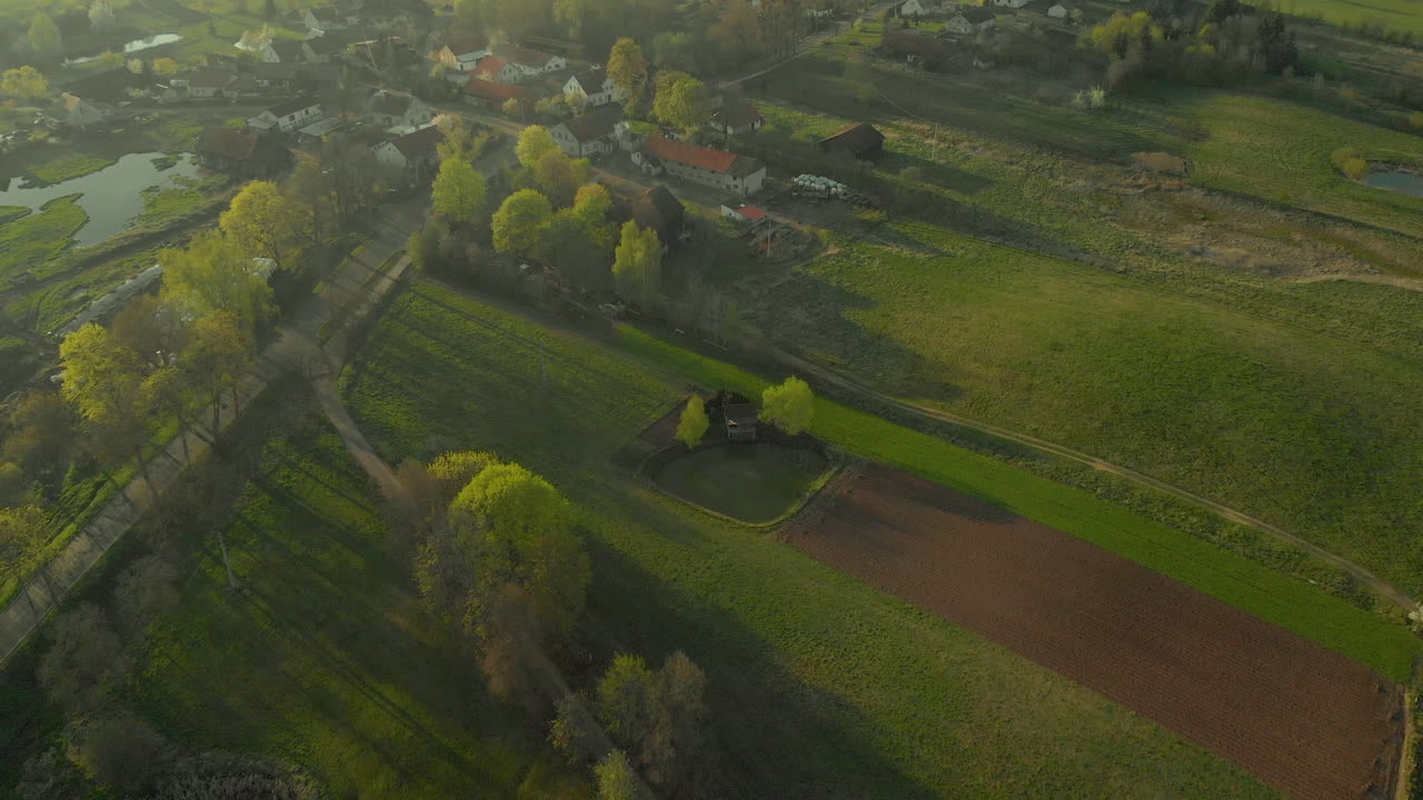 Aerial shot above polish small village Pieszkowo, Warmia and Masuria, Poland region on north of Poland,