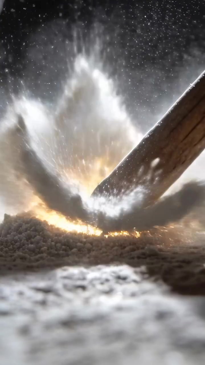 Video verticale: Entrando nell'inquadratura, un bastoncino di legno colpisce e preme della polvere in un primo piano in studio, producendo scintille