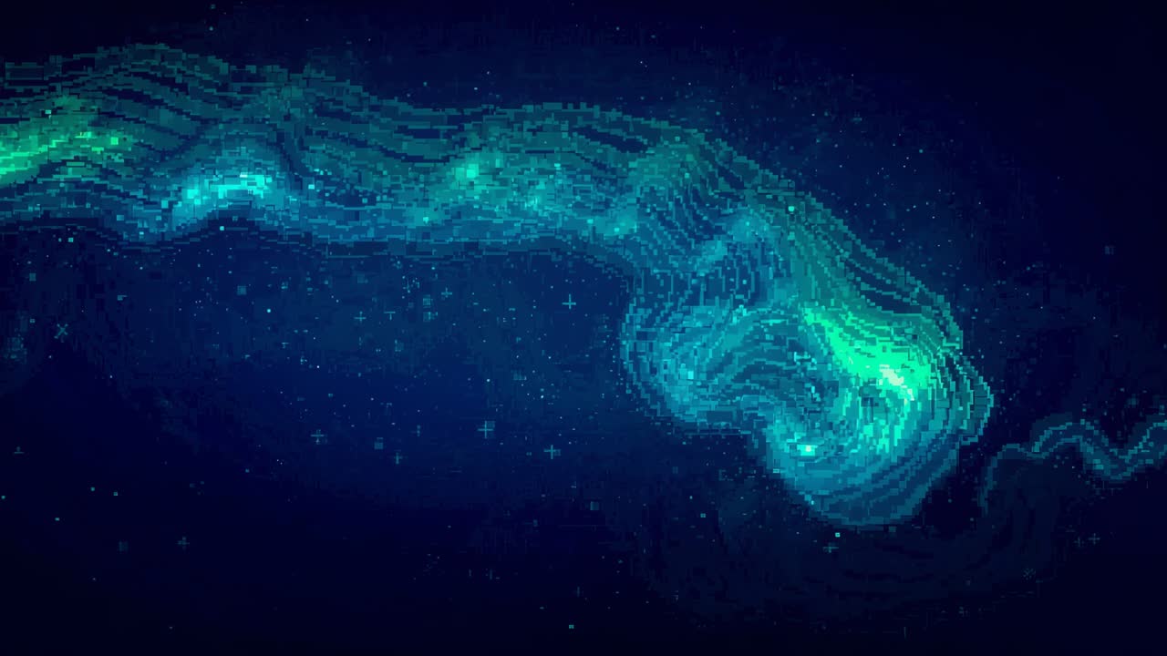 Responding to teal aurora glowing, two silhouettes stepping on night horizon in dark coats