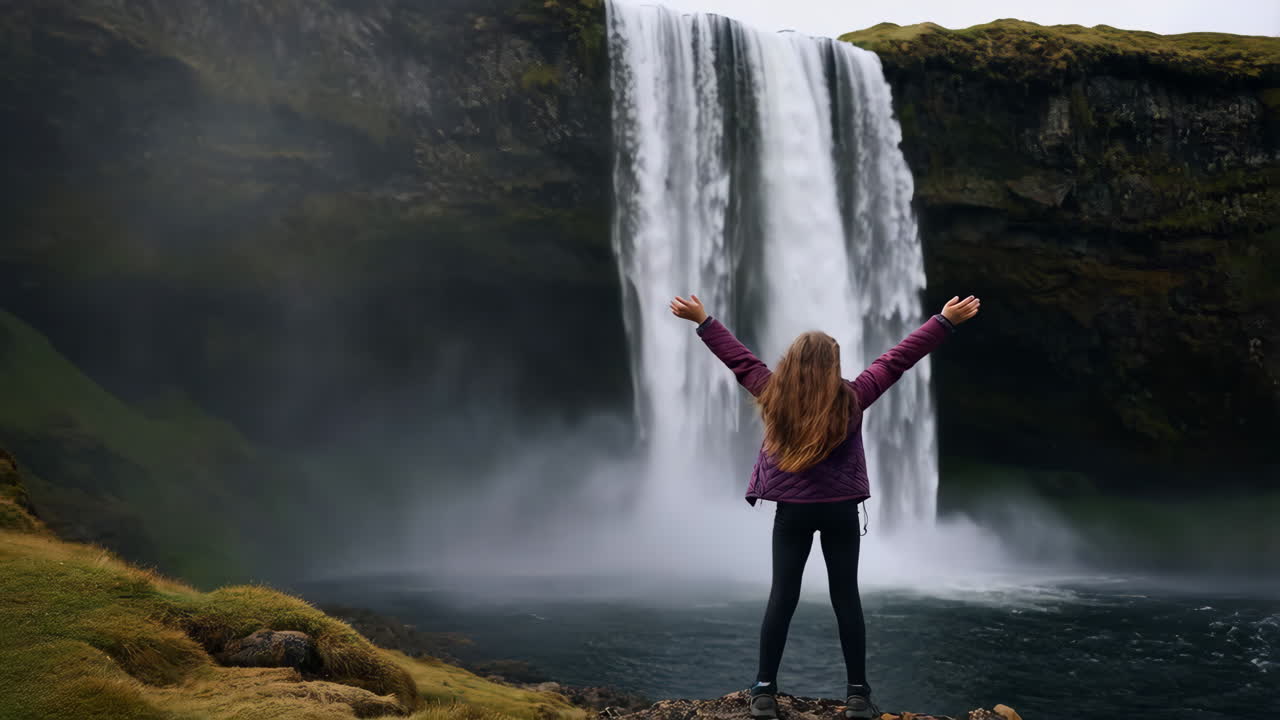 Woman admiring a majestic waterfall with arms outstretched