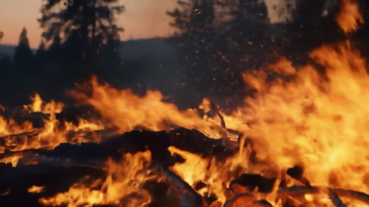 A Majestic Display of Nature's Fury: Fiery Flames Dancing Across the Landscape at Dusk Capturing the Wild Spirit of an Untamed Forest Fire