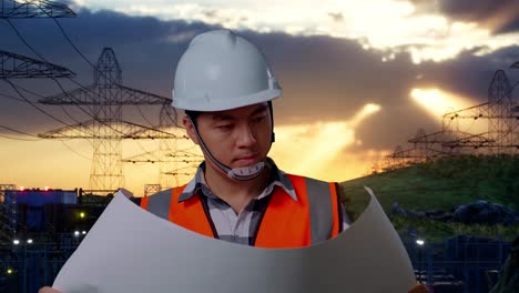 close up de ingeniero masculino asiático con casco de seguridad mirando el plano en sus manos y mirando a su alrededor mientras está de pie cerca de la torre de alto voltaje