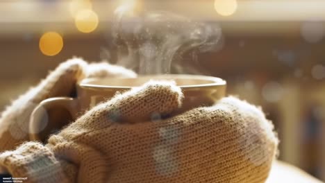 a cozy moment: embracing warmth with a steaming mug held in gloved hands, perfect for winter relaxation and comforting warmth in a beautiful setting