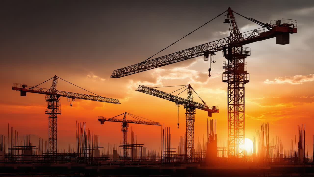 Silhouetted Construction Cranes Against a Vibrant Sunset Sky: A Stunning Transformation of Urban Development Captured in Two Frames