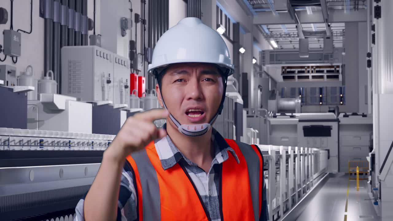 Close Up Of Angry Asian Male Engineer With Safety Helmet Shouting At Someone While Standing At Pharmaceutical Factory, Vaccine Production Facility