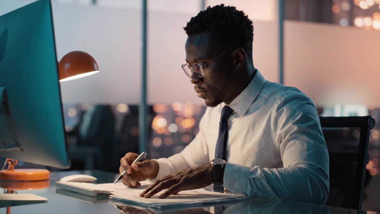 Focused Professional Analyzes Documents at His Desk, Surrounded by Modern Office Environment, Illuminated by Warm Lighting and Cityscape Background